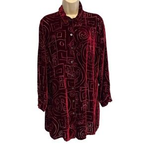 Chicos Design Burgundy Burnout Velvet Silk Blend Abstract Button Down Shirt Sz 2